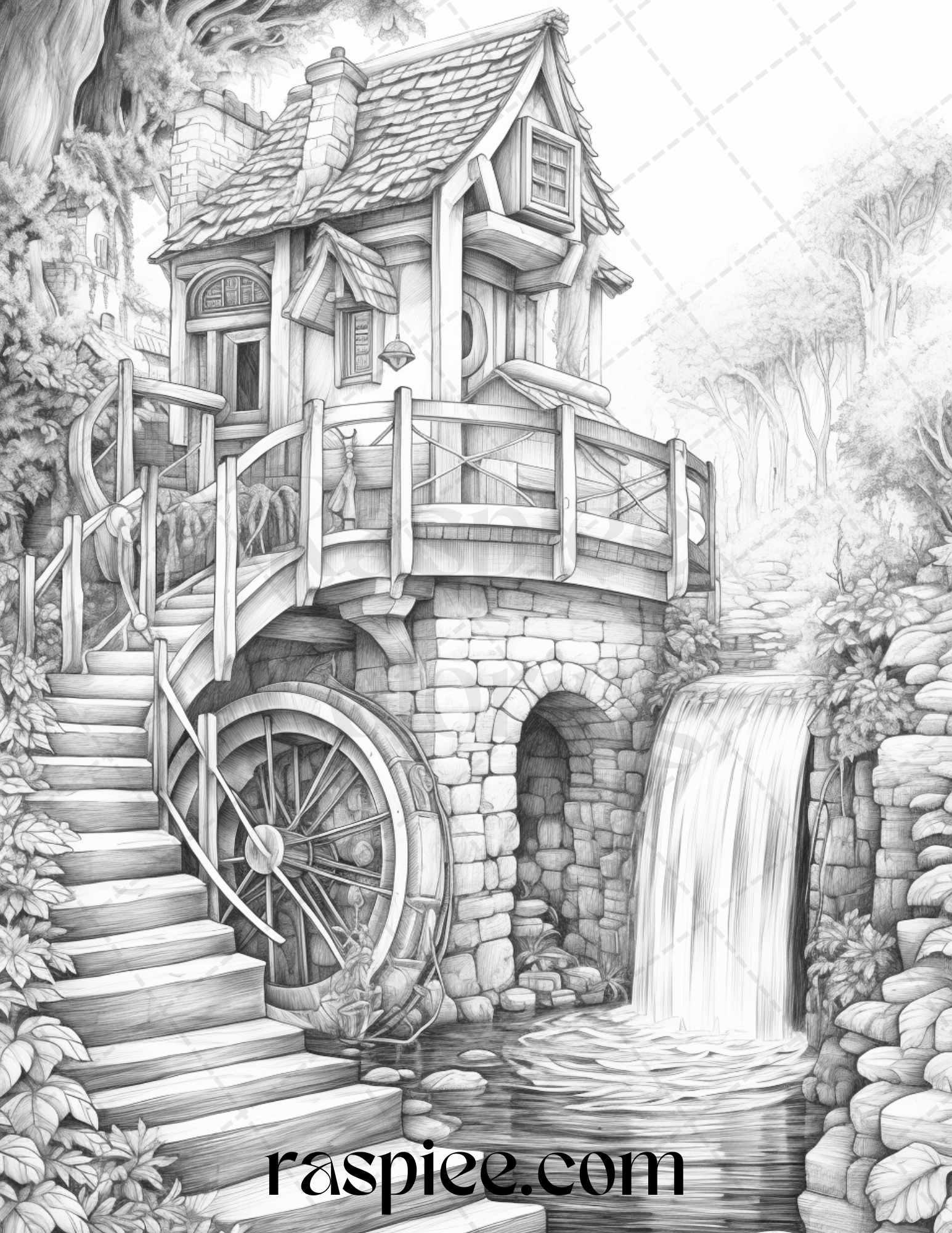 Mystical World Grayscale Coloring Pages Printable for Adults, Enchanting Fantasy Designs, PDF File Instant Download