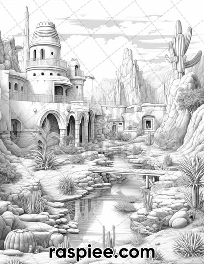 55 Desert Oasis Fairy Homes Grayscale Coloring Pages for Adults, Printable PDF Instant Download