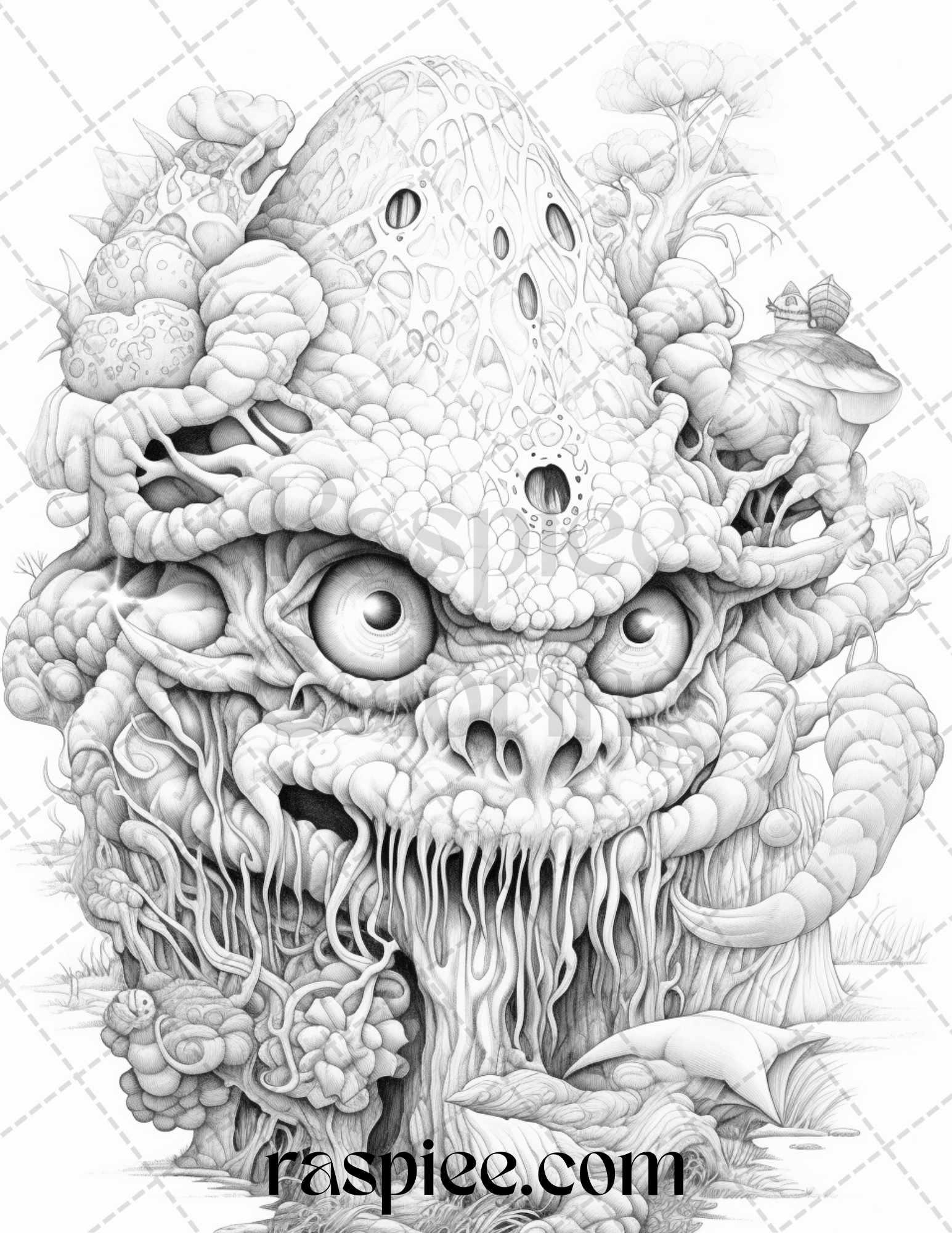 53 Surreal Creatures Grayscale Coloring Pages for Adults, Printable PDF File Instant Download