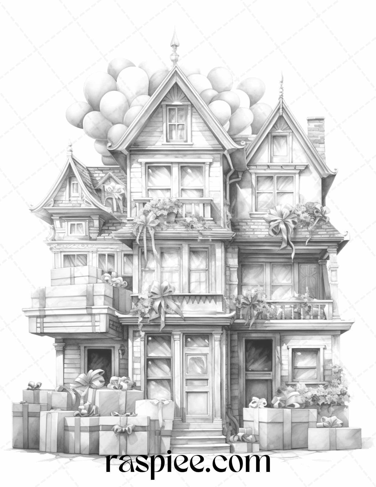 40 Adorable Gift Box Houses Grayscale Coloring Pages Printable for Adults Kids, PDF File Instant Download
