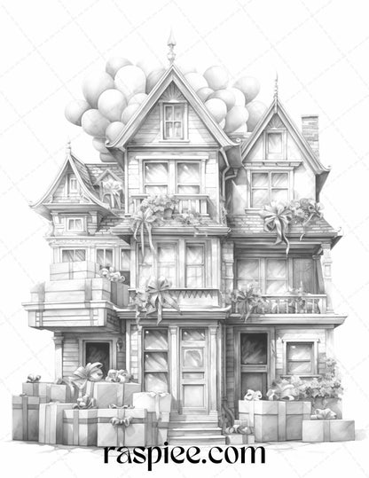 40 Adorable Gift Box Houses Grayscale Coloring Pages Printable for Adults Kids, PDF File Instant Download