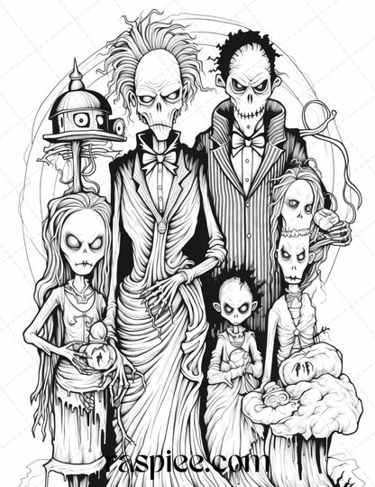 50 Monster Family Grayscale Coloring Pages Printable for Adults - Instant Download, Halloween Coloring Book, Fun and Spooky Designs
