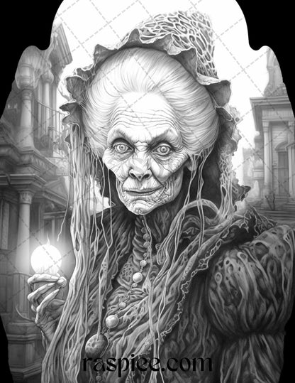 60 Halloween Victorian Era Grayscale Coloring Pages Printable for Adults, PDF File Instant Download