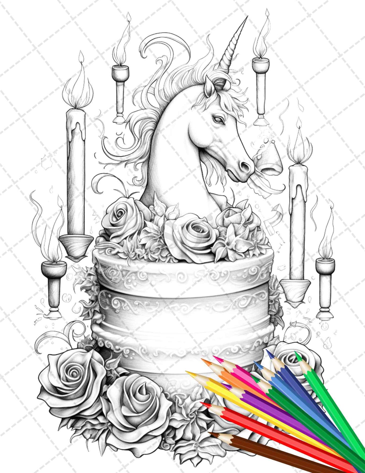 38 Whimsical Cakes Grayscale Coloring Pages for Adults, PDF File Instant Download