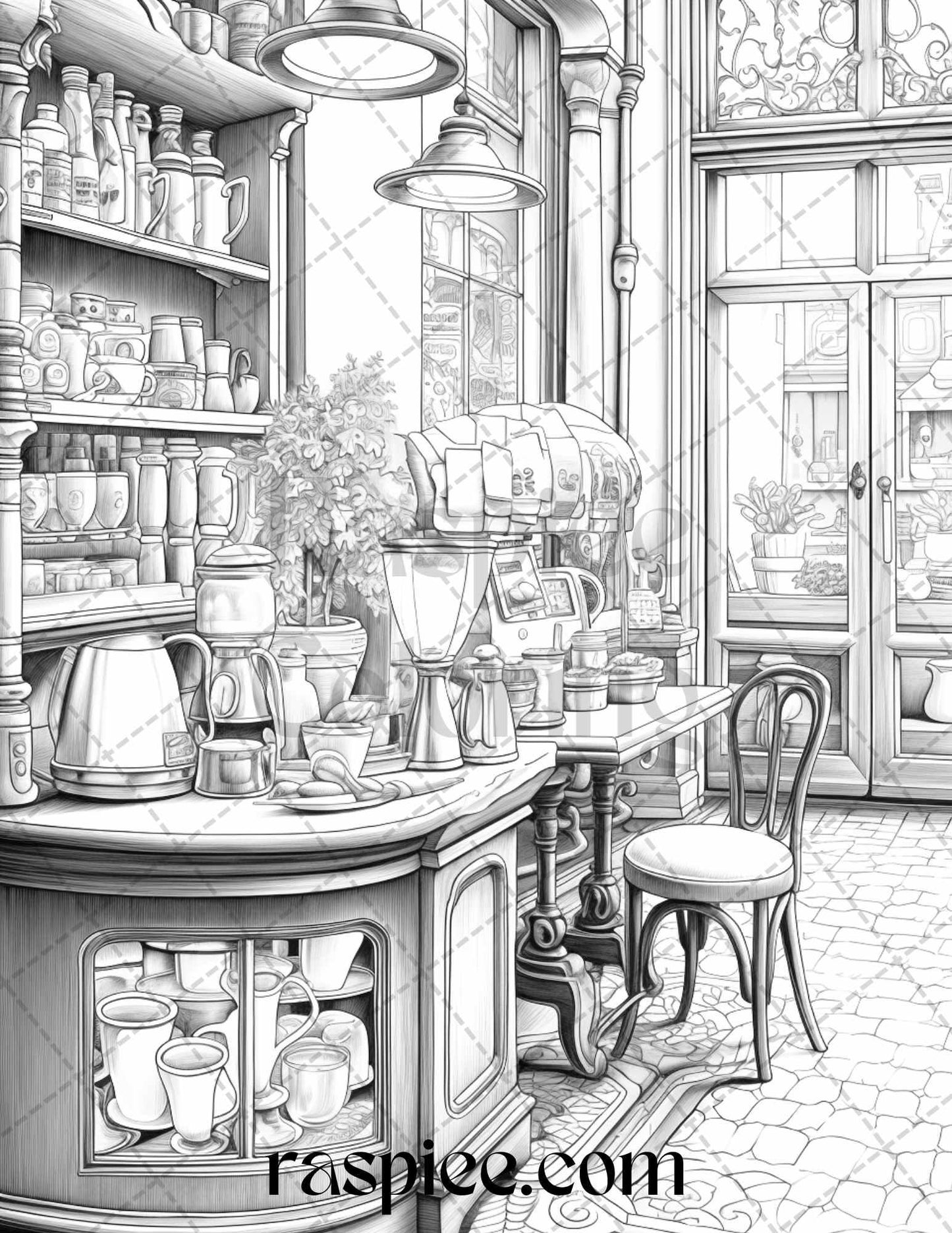 50 Cozy Coffee Shop Grayscale Coloring Pages Printable for Adults, PDF File Instant Download
