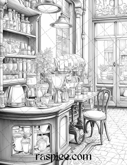 50 Cozy Coffee Shop Grayscale Coloring Pages Printable for Adults, PDF File Instant Download