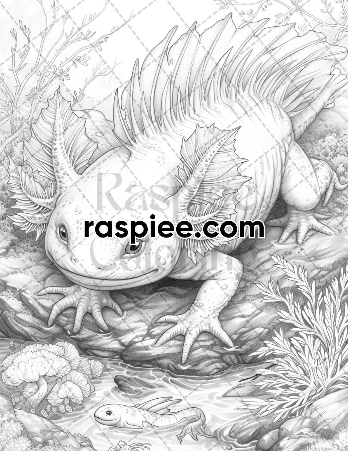 55 Fantasy Alien Axolotl Grayscale Adult Coloring Pages, Printable PDF Instant Download