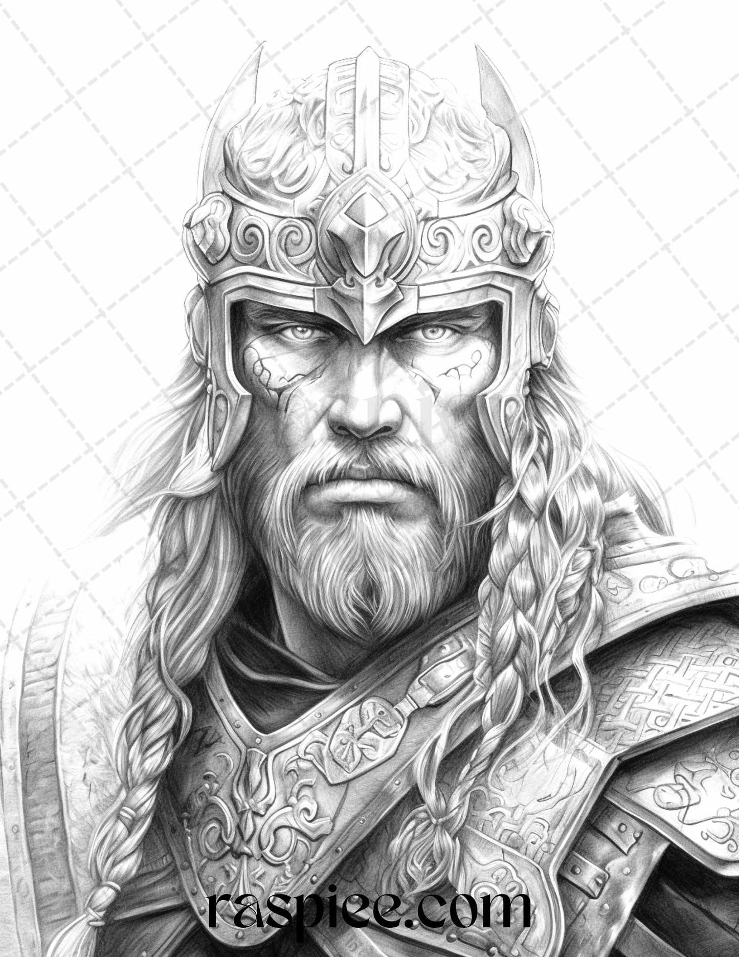 55 Viking Warriors Portrait Grayscale Coloring Pages Printable for Adults, PDF File Instant Download