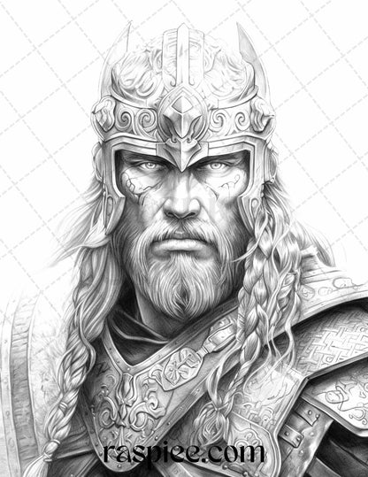 55 Viking Warriors Portrait Grayscale Coloring Pages Printable for Adults, PDF File Instant Download