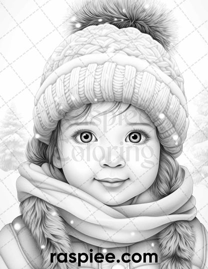 50 Baby Winter Portrait Grayscale Coloring Pages Printable for Adults, PDF File Instant Download