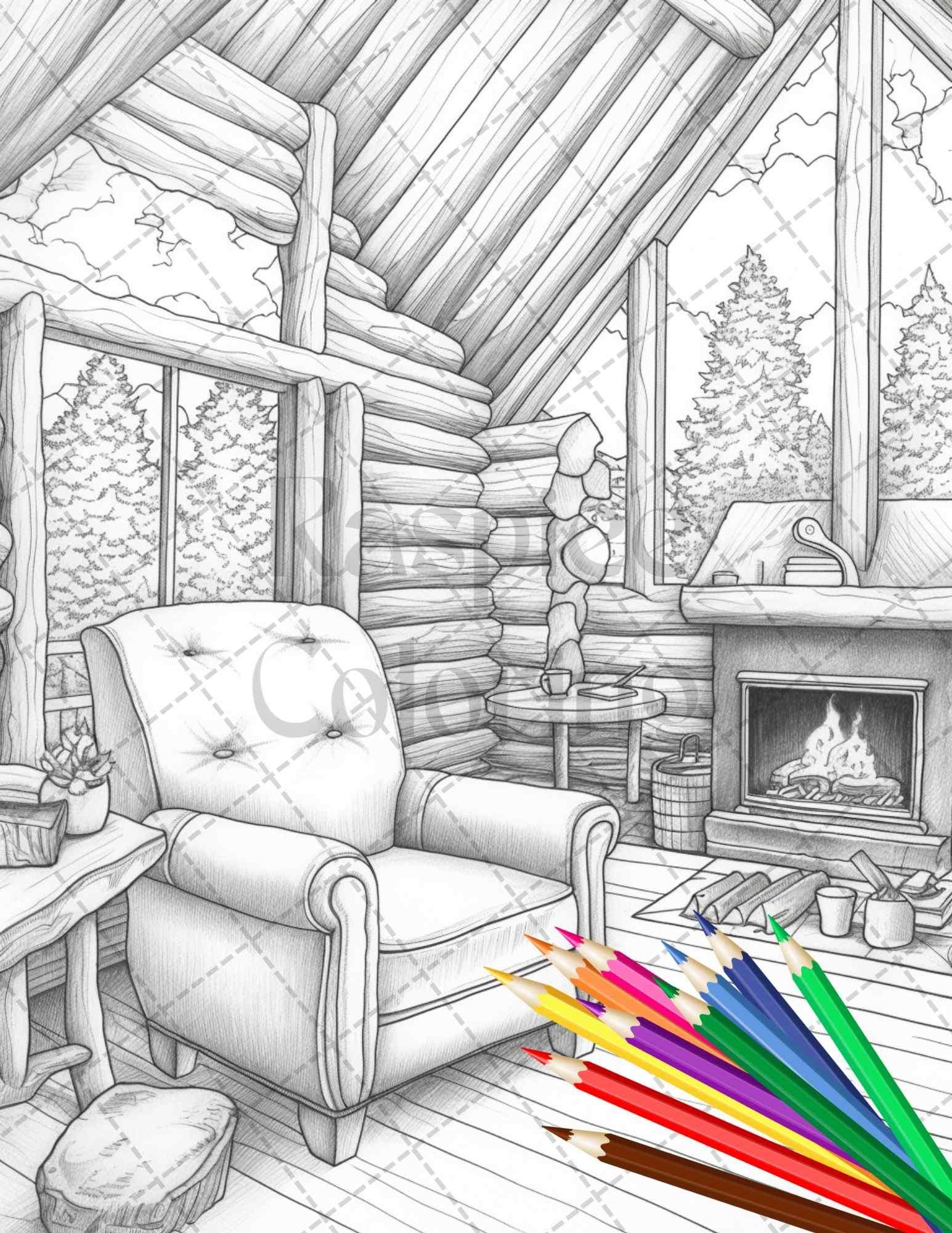 Cozy Cabin Interior Grayscale Coloring Pages Printable for Adults, PDF File Instant Download