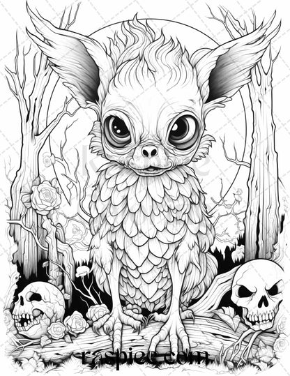 50 Halloween Scary Animals Grayscale Coloring Pages Printable for Adults, PDF File Instant Download