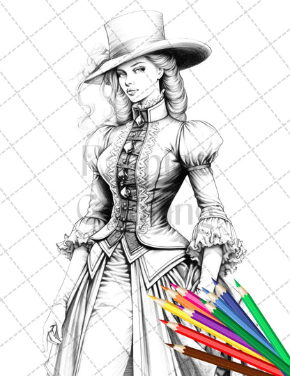 50 Victorian Fashion Grayscale Coloring Pages Printable for Adults, PDF File Instant Download