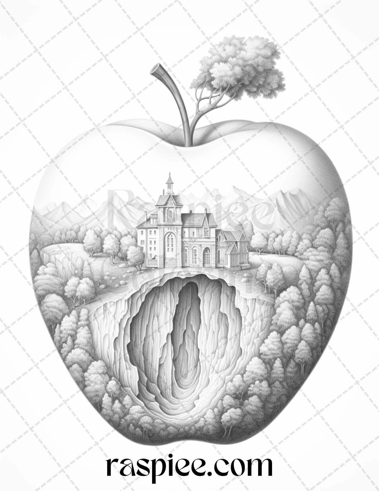 60 Miniworld in the Apple Grayscale Coloring Pages Printable for Adults, PDF File Instant Download