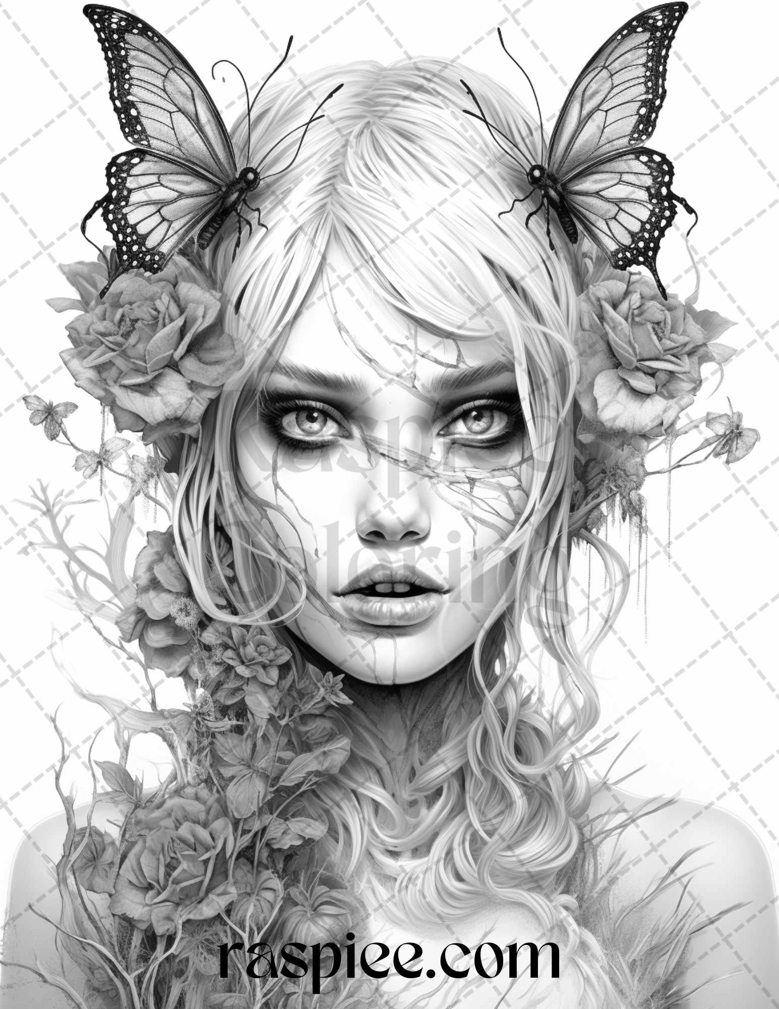 60 Halloween Zombie Fairy Grayscale Coloring Pages Printable for Adults, PDF File Instant Download