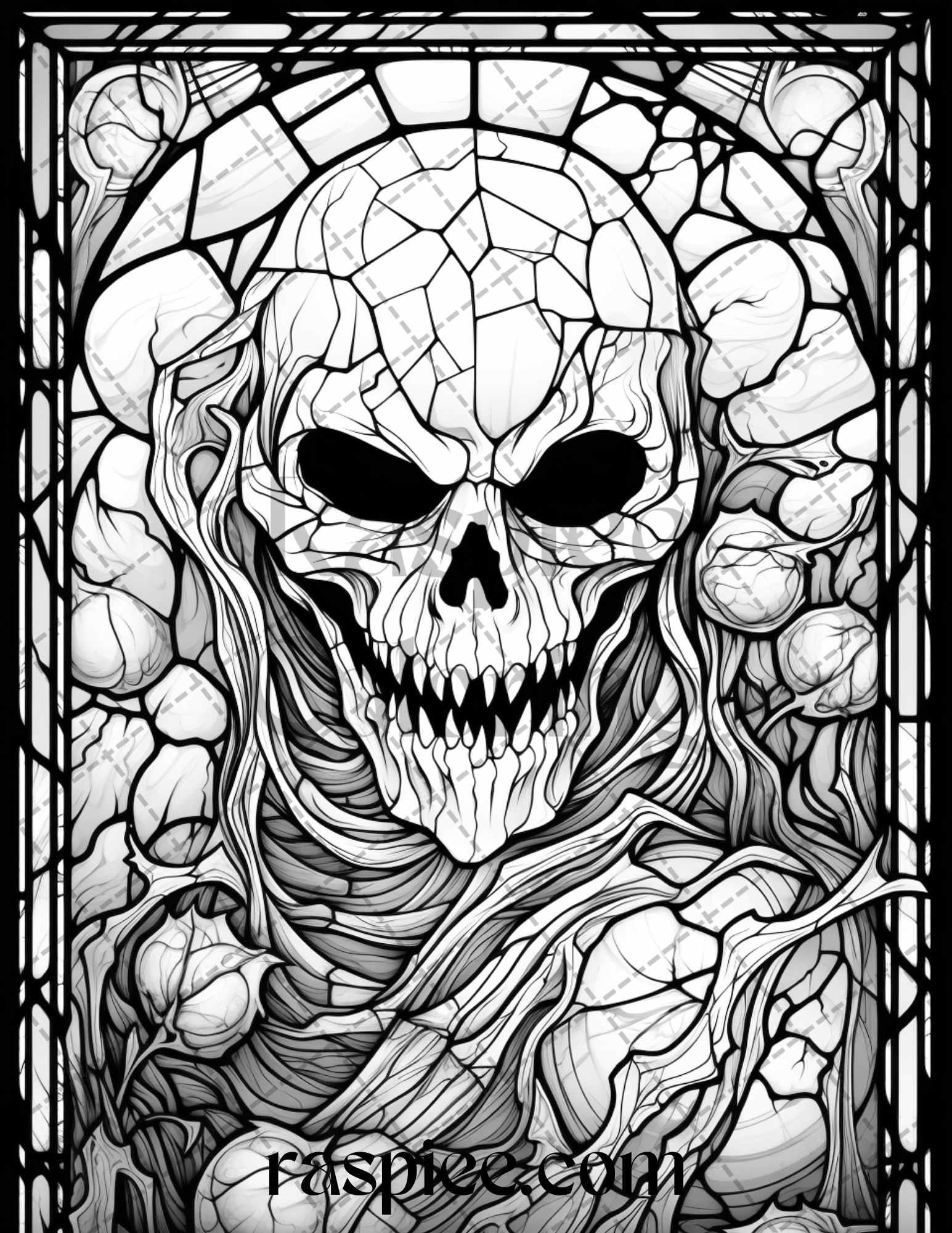 70 Halloween Stained Glass Grayscale Coloring Pages Printable for Adults, PDF File Instant Download