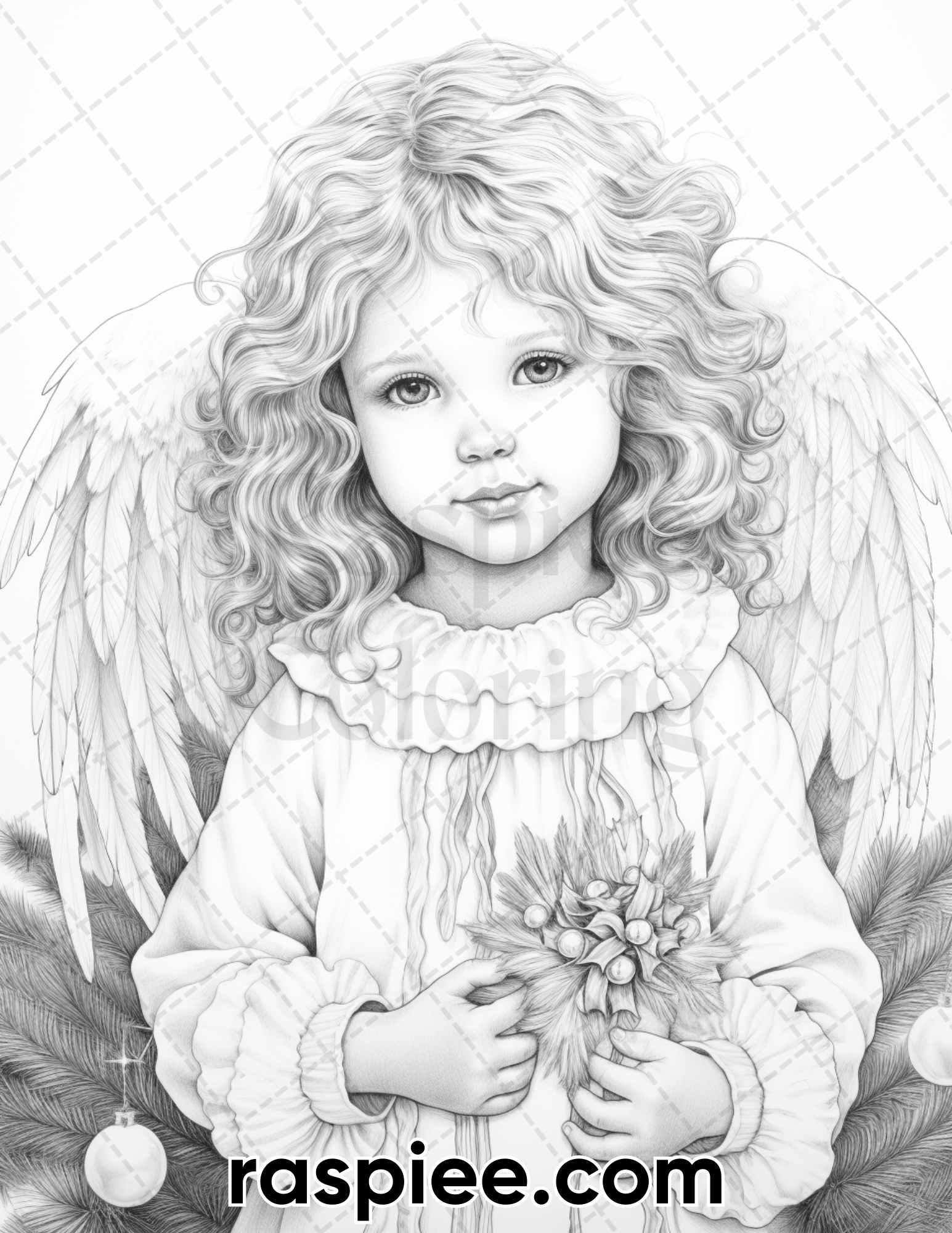55 Christmas Angel Grayscale Coloring Pages for Adults, Printable PDF Instant Download