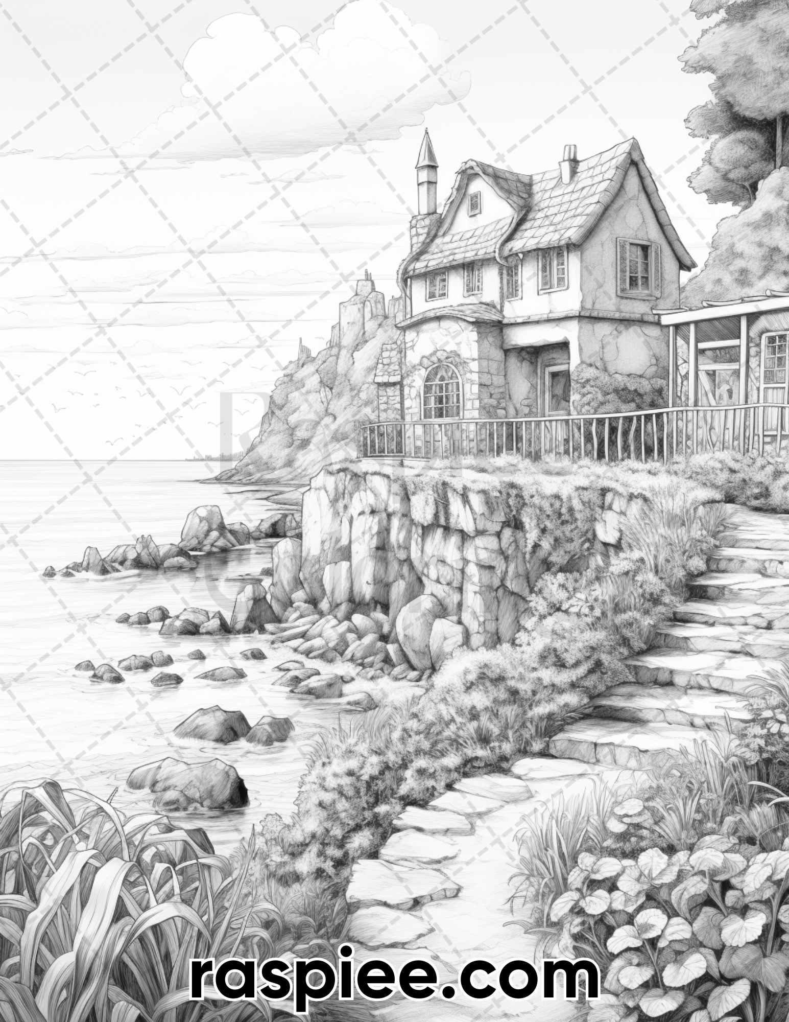 50 Fairy Beach Houses Grayscale Coloring Pages for Adults, Printable PDF Instant Download