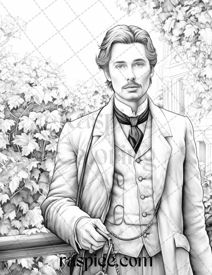 60 Victorian Autumn Portrait Grayscale Coloring Pages Printable for Adults, PDF File Instant Download