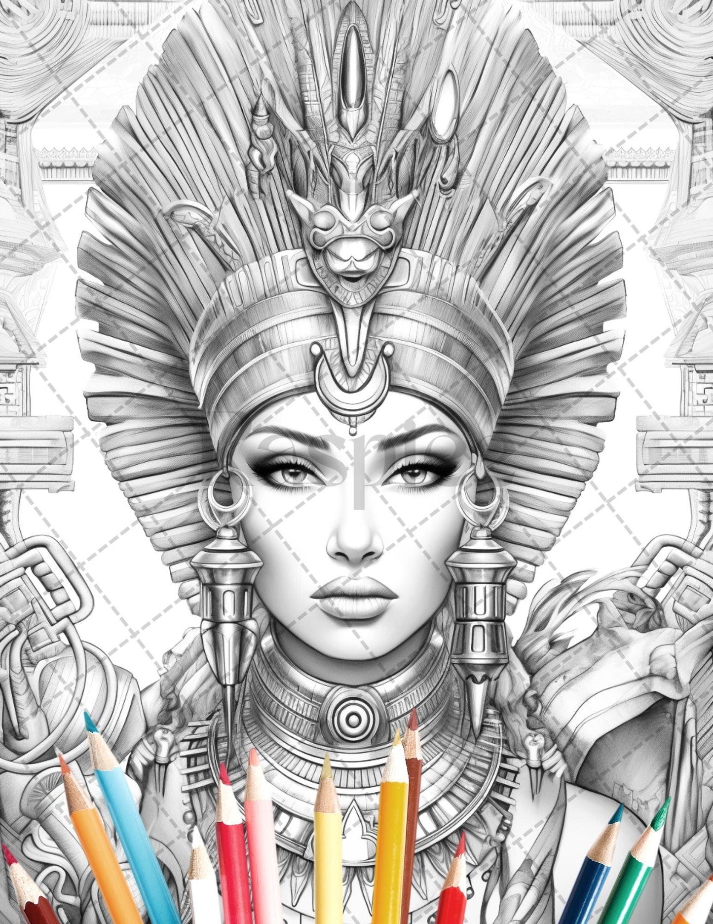 35 Ancient Egyptian Queens Coloring Book Printable for Adults, Grayscale Coloring Page, PDF File Instant Download