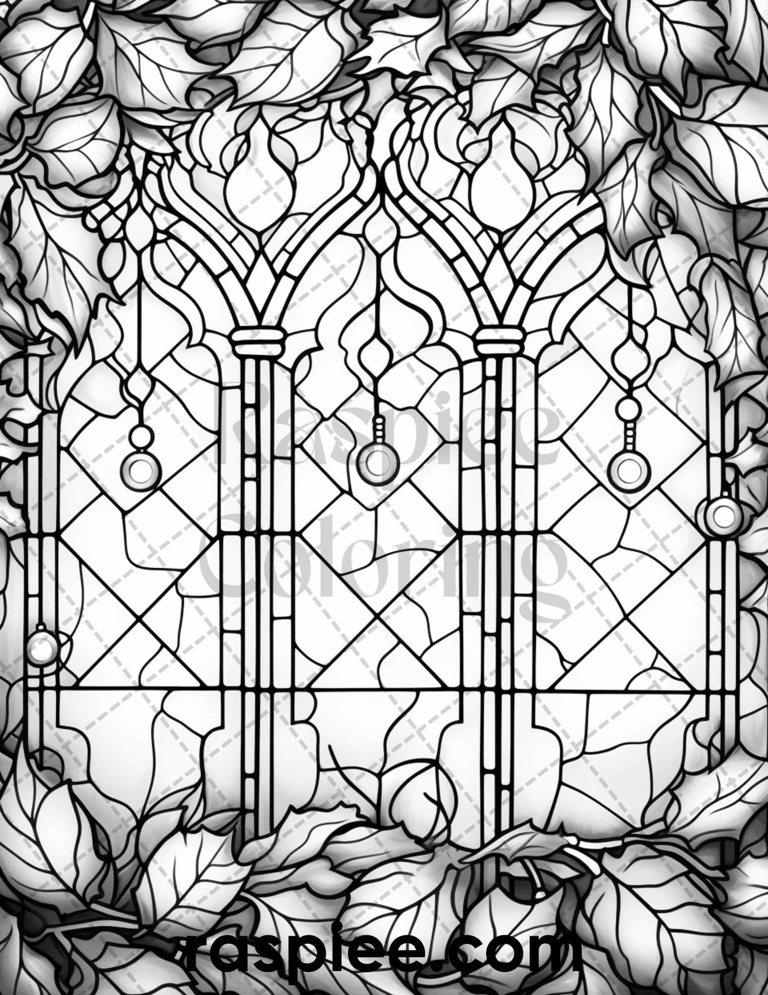 50 Christmas Stained Glass Grayscale Coloring Pages for Adults, Printable PDF File Instant Download