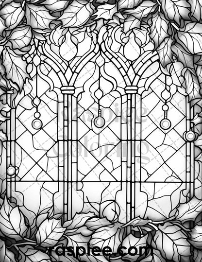 50 Christmas Stained Glass Grayscale Coloring Pages for Adults, Printable PDF File Instant Download