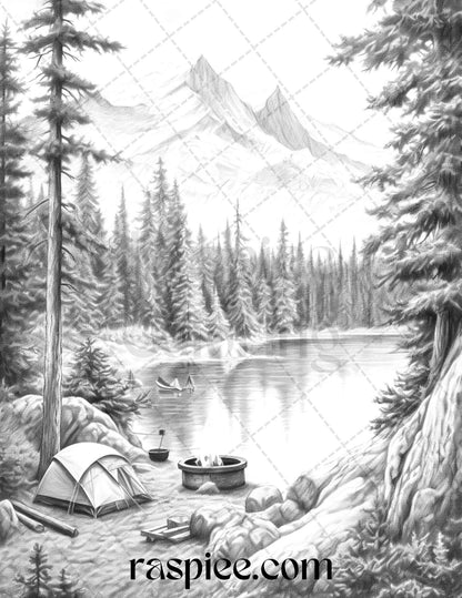 Nature Camping Grayscale Coloring Pages Printable, Relaxing Outdoor Scenes, PDF File Instant Download