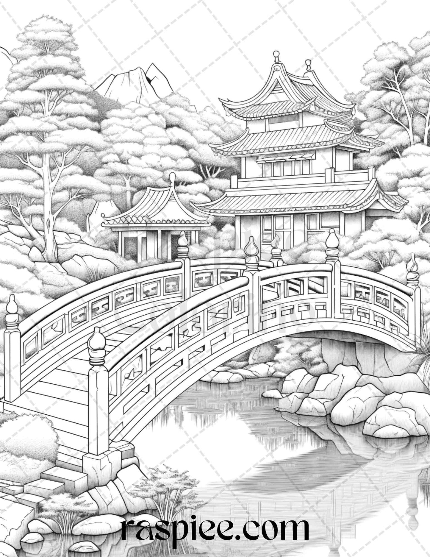Japanese Garden Grayscale Coloring Pages Printable for Adults, PDF File Instant Download
