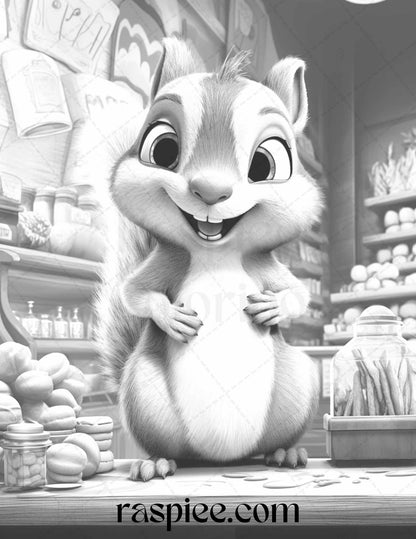 52 Adorable Squirrels Grayscale Coloring Pages Printable for Adults Kids, PDF File Instant Download