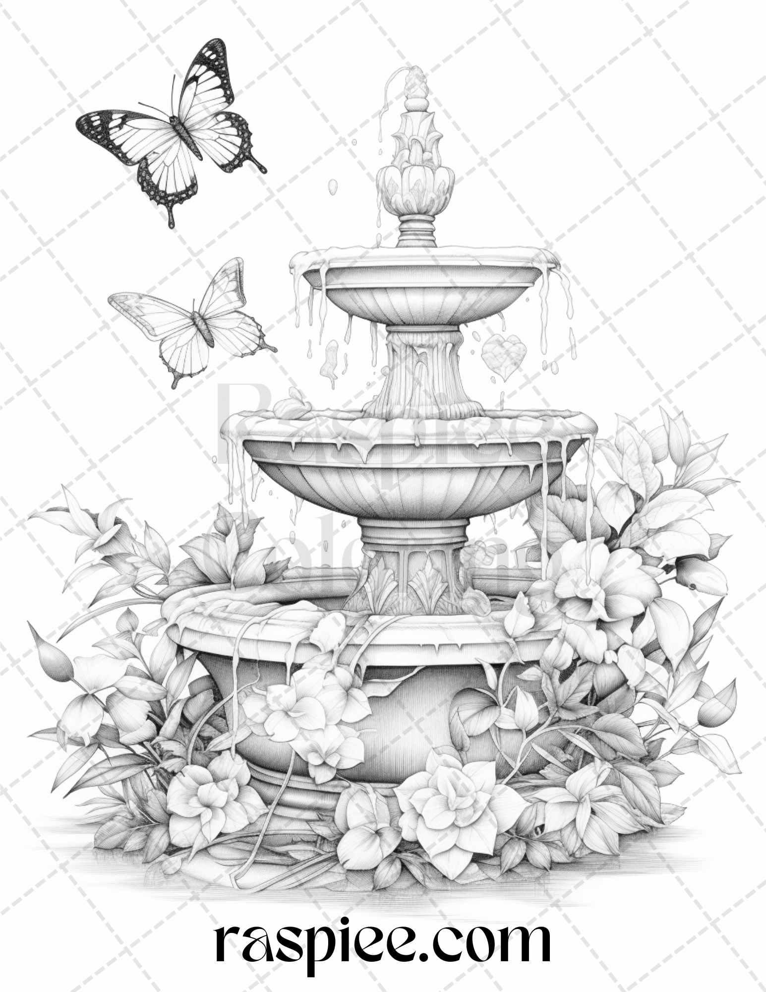 32 Blooming Fountains Grayscale Coloring Pages Printable for Adults, PDF File Instant Download