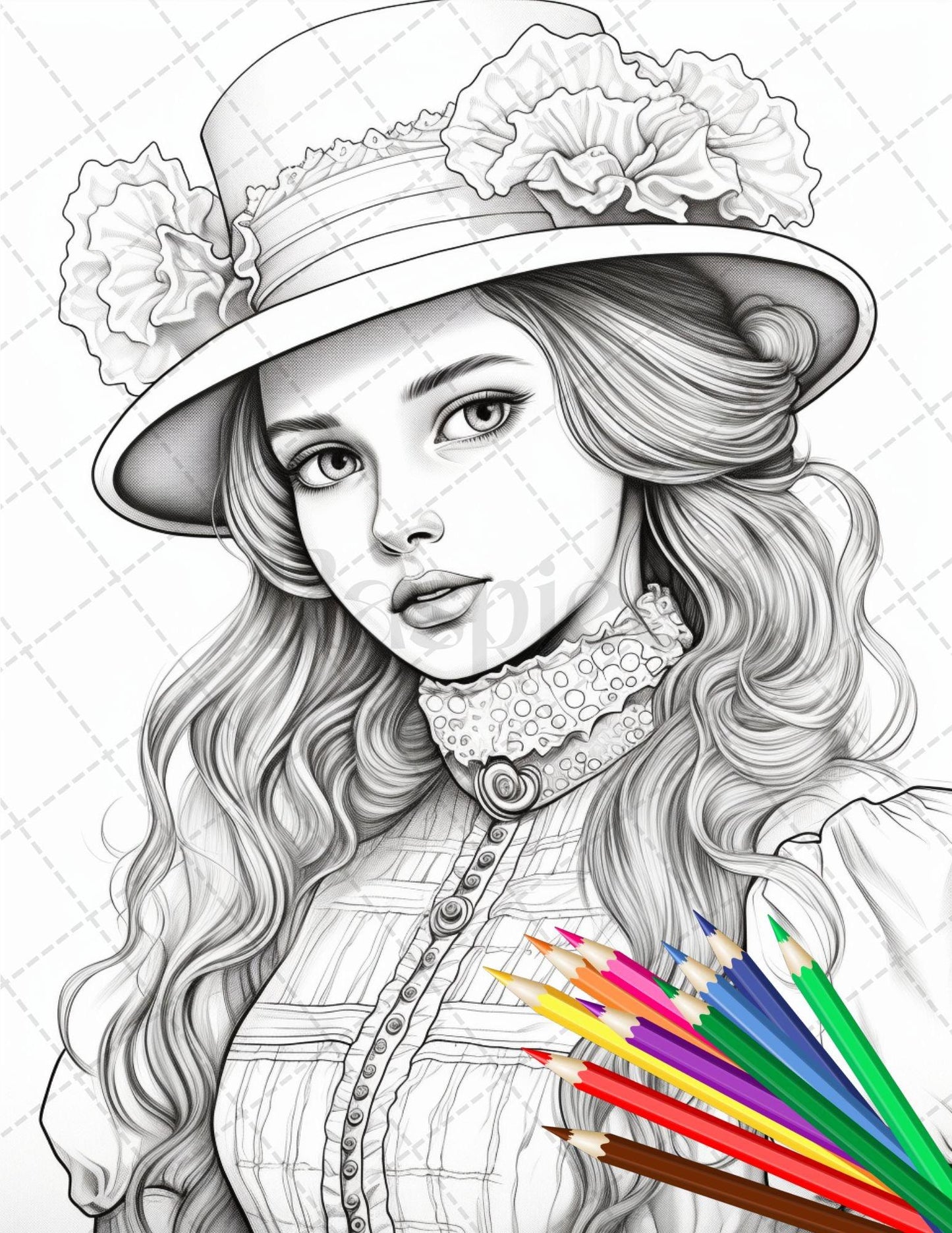 36 Beautiful Victorian Girls Coloring Pages Printable for Adults, Grayscale Coloring Page, PDF File Instant Download