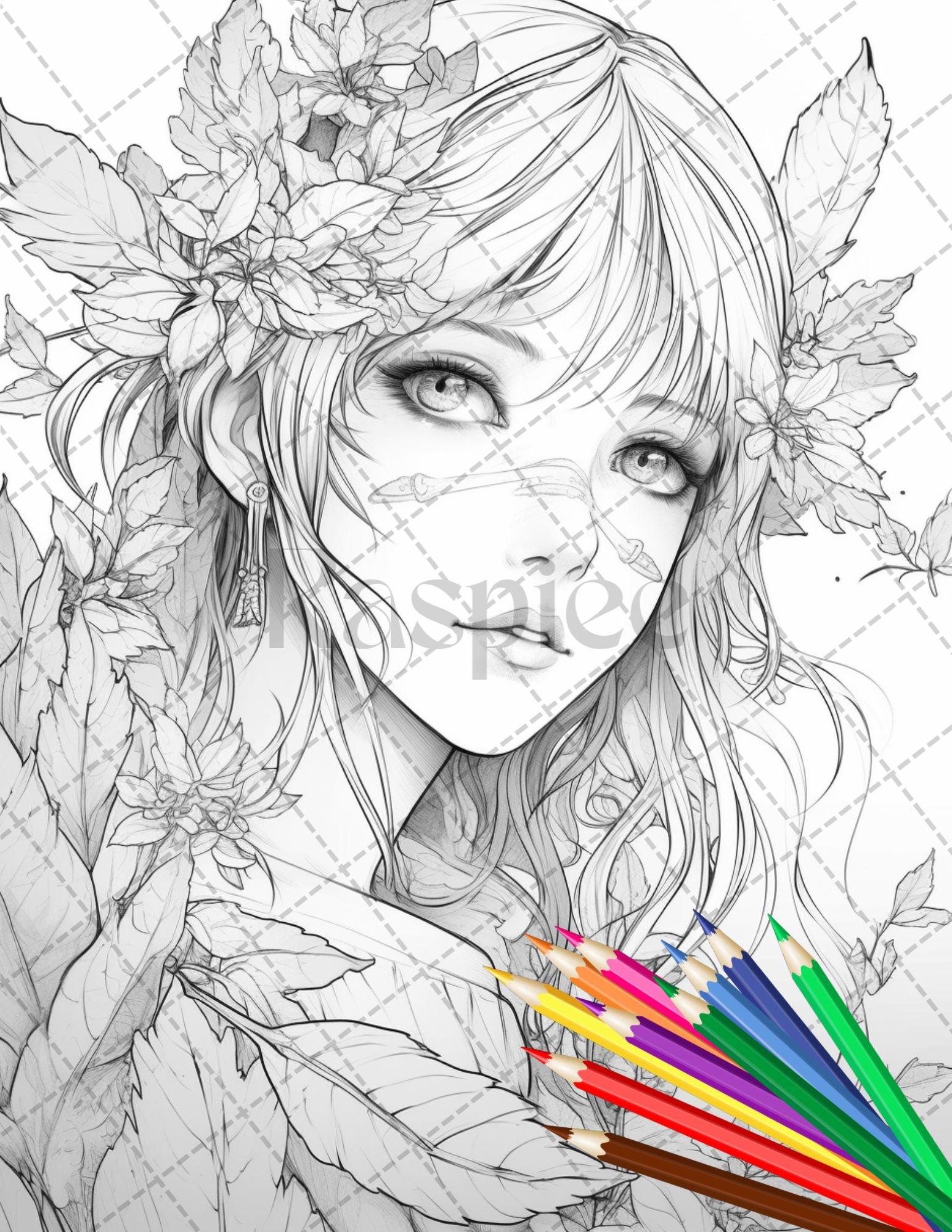 32 Anime Fairy Girl Printable Coloring Pages for Adults, Cute Fairy Grayscale Coloring Book, Printable PDF File Download