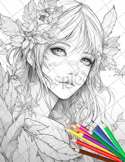 32 Anime Fairy Girl Printable Coloring Pages for Adults, Cute Fairy Grayscale Coloring Book, Printable PDF File Download
