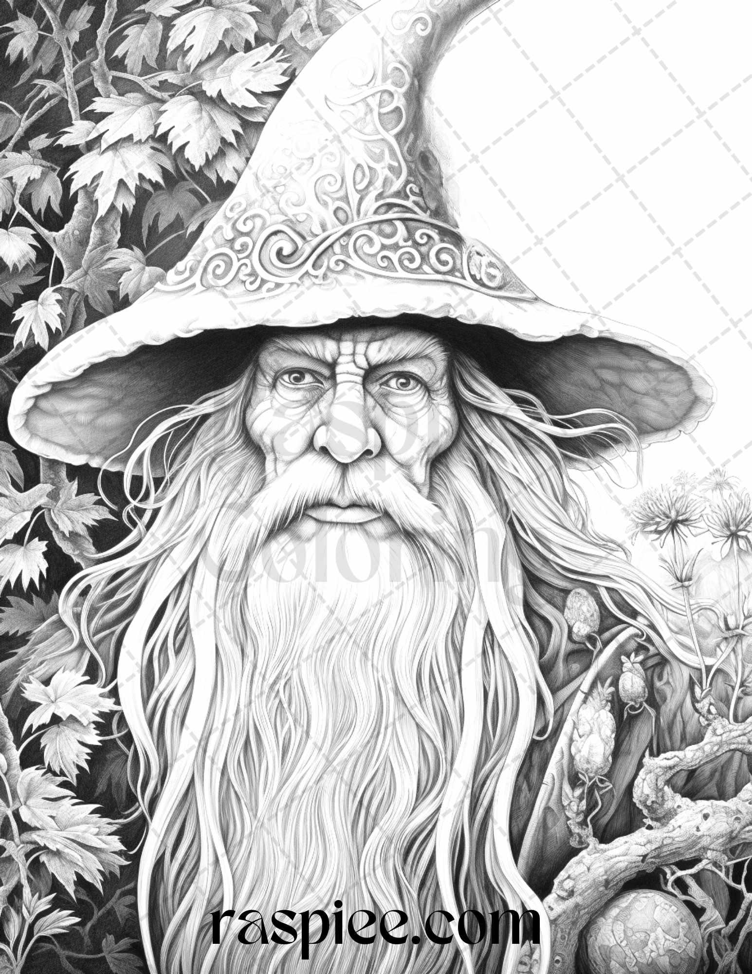 50 Magical Wizard Grayscale Coloring Pages for Adults, Printable PDF File Instant Download