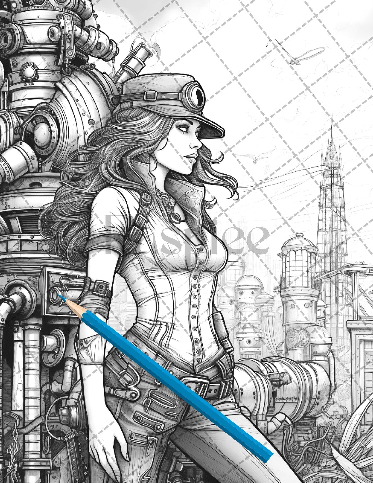 30 Steampunk Girls Coloring Pages Printable for Adults, Victorian Inspired Adult Grayscale Coloring Book, PDF File Download