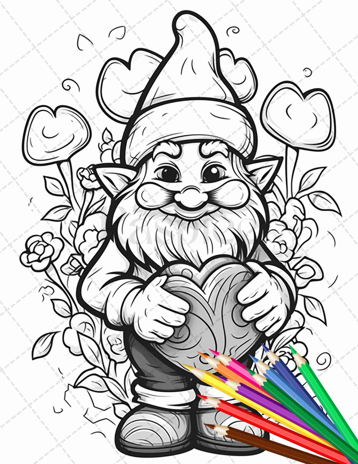 33 Gnome Love Coloring Pages Printable for Adults, Grayscale Coloring Page, PDF File Instant Download