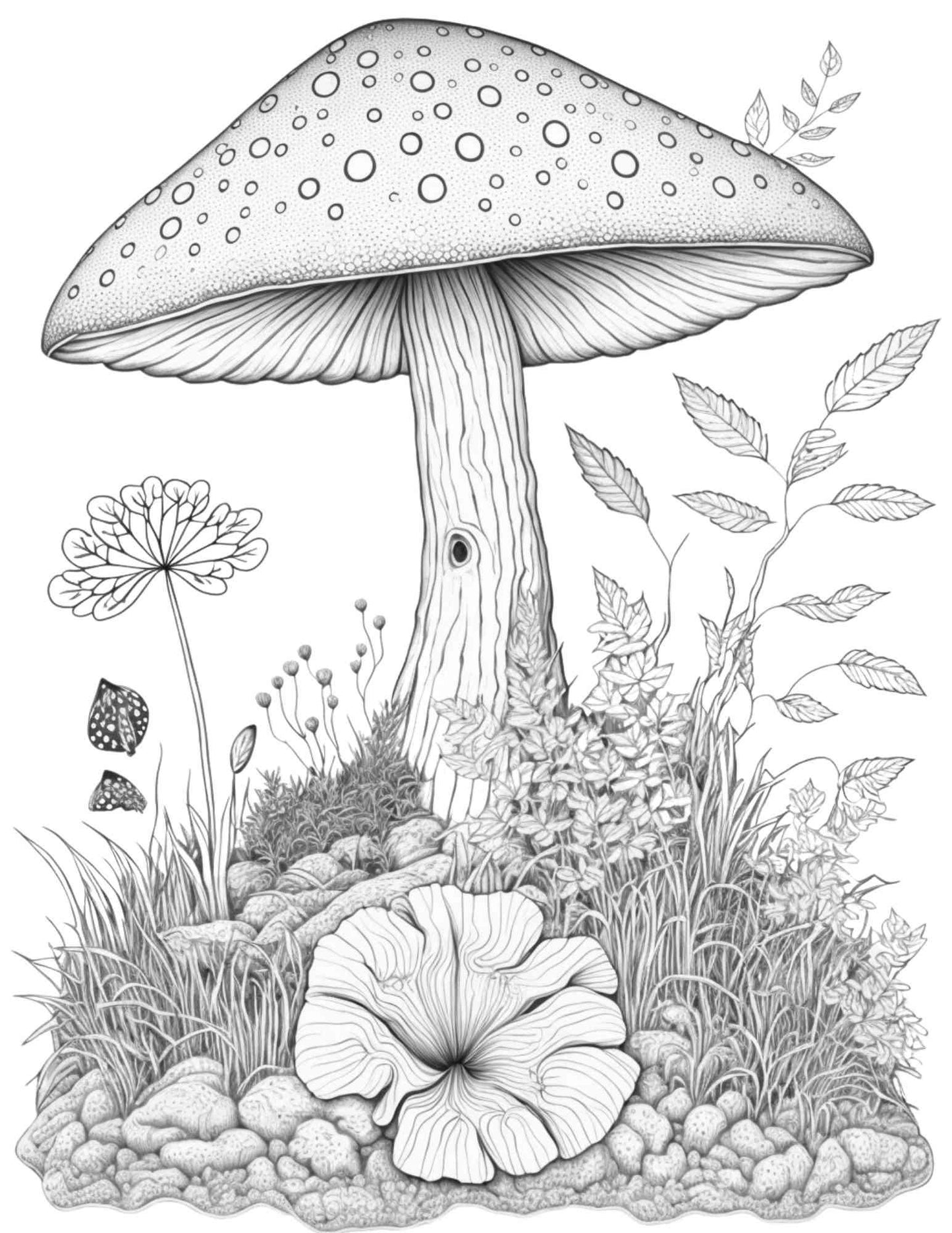 100 Mushroom Forest Coloring Pages Printable for Adults and Kids, Grayscale Coloring Book, Printable PDF File Instant Download