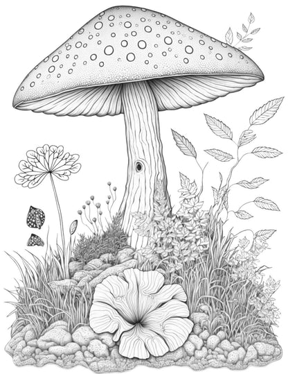 100 Mushroom Forest Coloring Pages Printable for Adults and Kids, Grayscale Coloring Book, Printable PDF File Instant Download