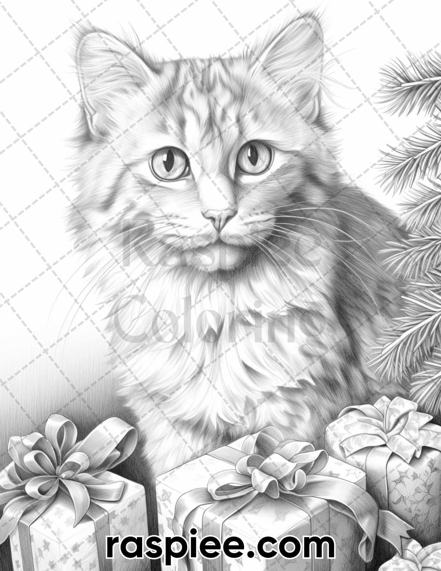 40 Christmas Cats Grayscale Coloring Pages for Adults, Printable PDF Instant Download