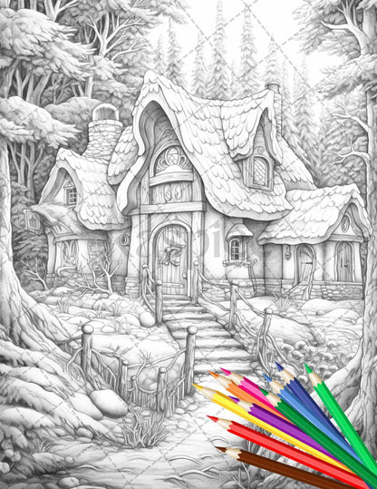 63 Winter Fairy Houses Grayscale Coloring Pages Printable for Adults, PDF File Instant Download