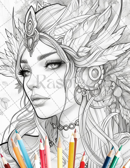 35 Beautiful Printable Elf Girls Coloring Book for Adults, Grayscale Coloring Page, PDF File Instant Download