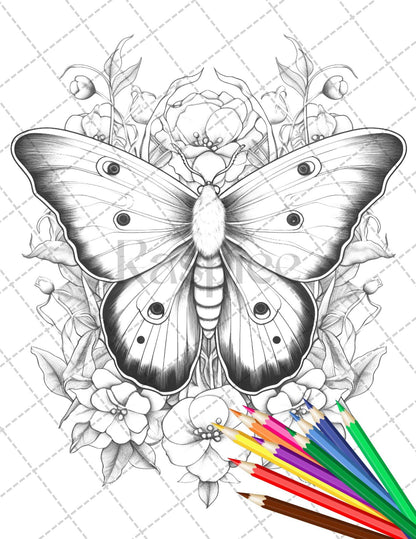32 Beautiful Moths and Floral Coloring Book for Adults, Grayscale Coloring Page, Printable PDF Instant Download