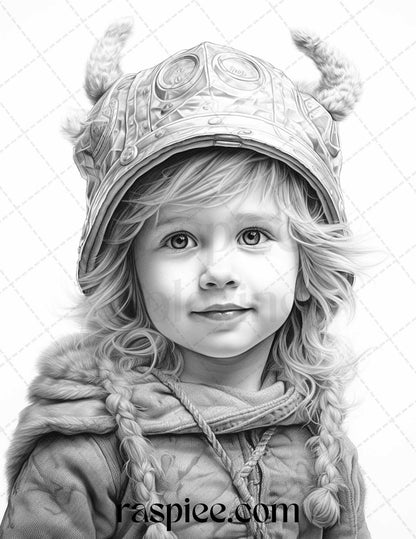 58 Little Viking Girls Boys Portrait Grayscale Coloring Pages Printable, PDF File Instant Download