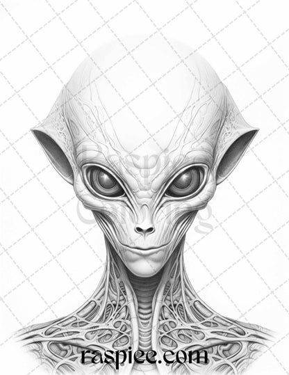 65 Alien Portrait Grayscale Coloring Pages for Adults, Printable PDF File Instant Download