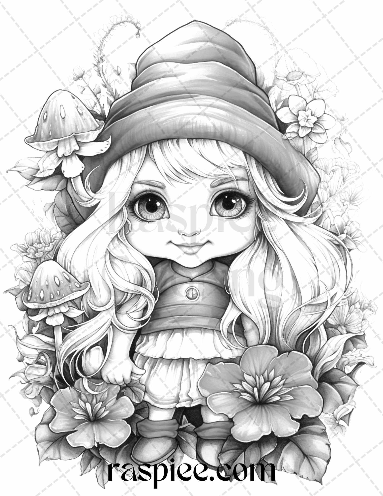 50 Flower Gnomes Grayscale Coloring Pages Printable for Adults Kids, PDF File Instant Download