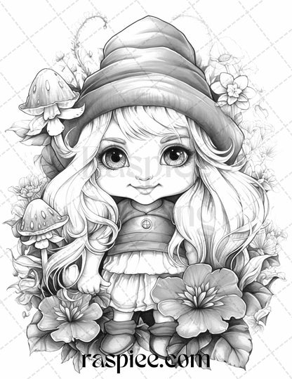 50 Flower Gnomes Grayscale Coloring Pages Printable for Adults Kids, PDF File Instant Download