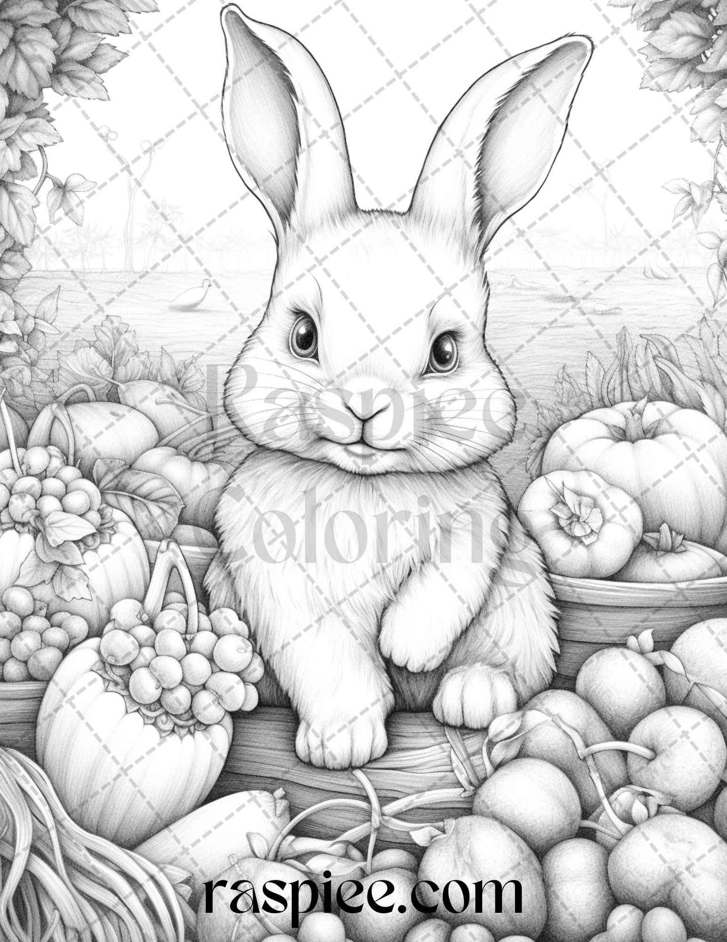 50 Rabbit Garden Grayscale Coloring Pages Printable for Adults, PDF File Instant Download