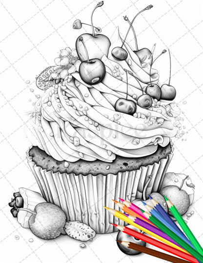 36 Sweet Desserts Coloring Pages Printable for Adults, Grayscale Coloring Page, PDF File Instant Download