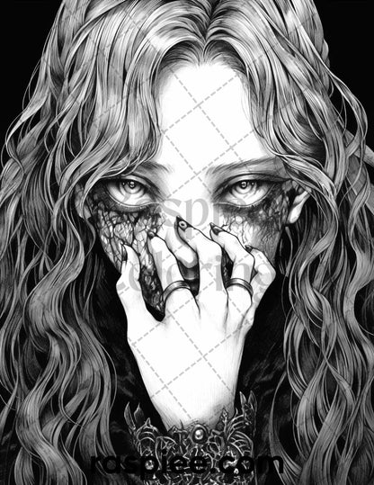 60 Horror Beauties Grayscale Coloring Pages Printable for Adults, PDF File Instant Download