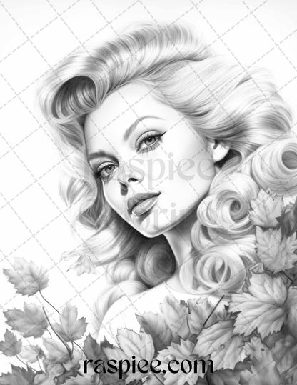 55 Autumn Pin Up Girls Grayscale Coloring Pages Printable for Adults, PDF File Instant Download
